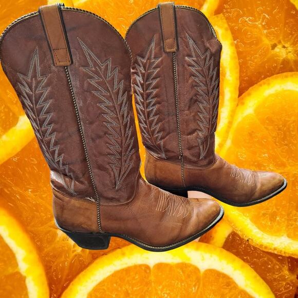 Texas USA Made Cowboy Boots Tan with Design Size 10M - Picture 2 of 6